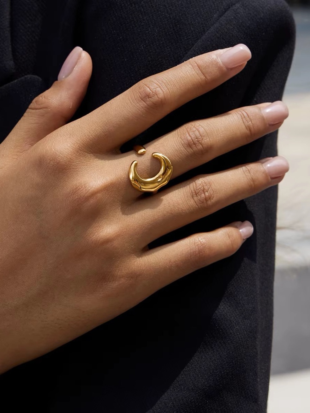 18K Gold Plated Sculptural Crescent Adjustable Ring